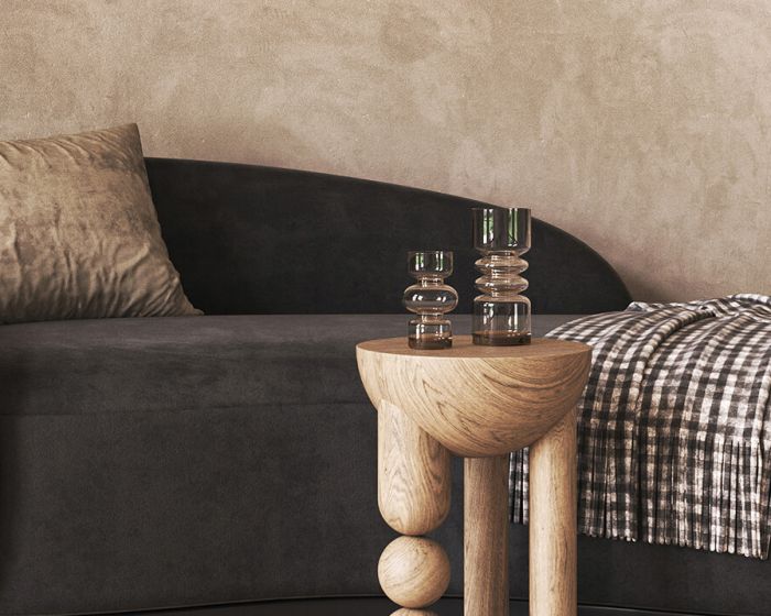 The space harmoniously revolves around natural wood tones (Demo)