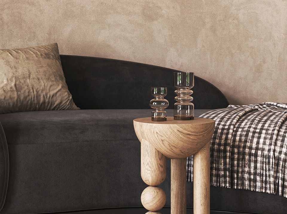 The space harmoniously revolves around natural wood tones (Demo)