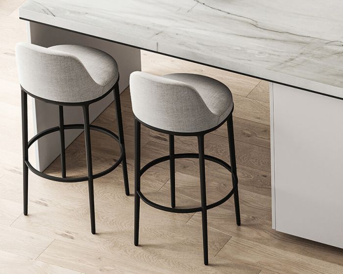 Open concept light wood floor kitchen room design with white walls (Demo)