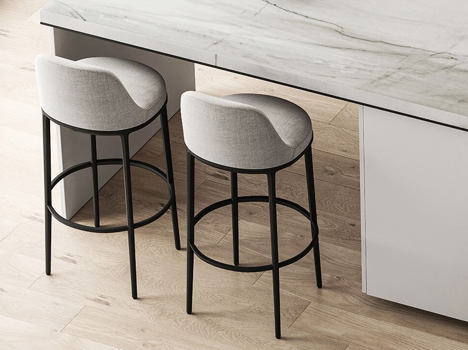 Open concept light wood floor kitchen room design with white walls (Demo)