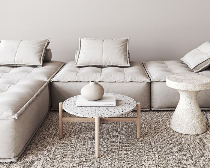 Example of light wood floor living room design with white walls (Demo)